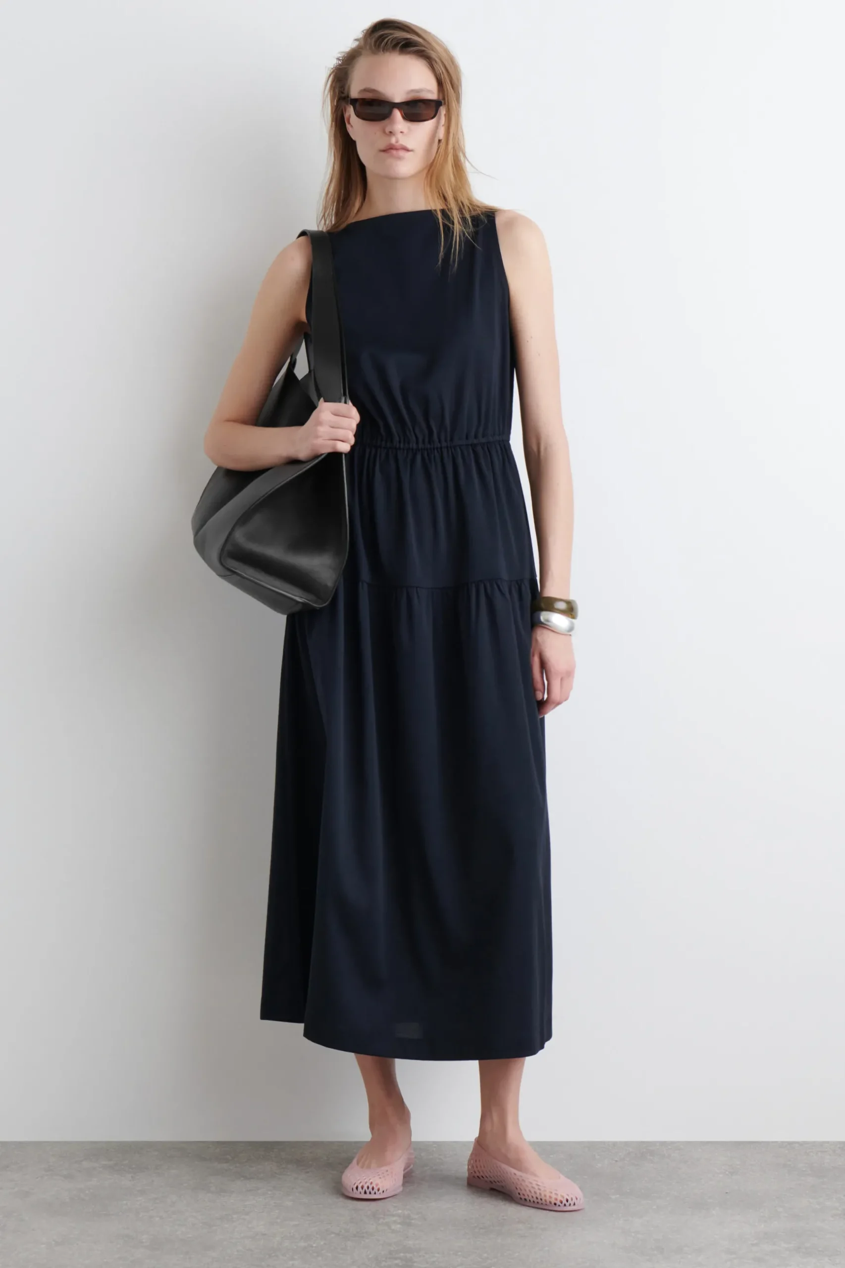 New COS BOATNECK GATHERED MIDI DRESS