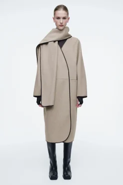 Fashion COS PŁASZCZ Z SZALEM I SKÓRZANYMI WYKOŃCZENIAMI