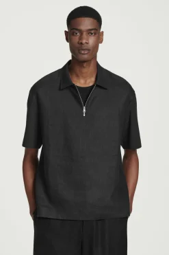 Best COS KOSZULKA POLO Z LNIANYM PANELEM Czarny