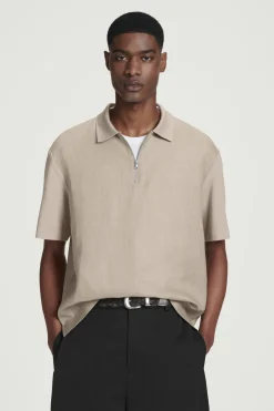 New COS KOSZULKA POLO Z LNIANYM PANELEM Szarobrązowy