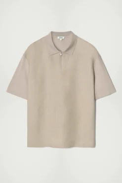 New COS KOSZULKA POLO Z LNIANYM PANELEM Szarobrązowy