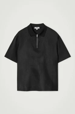 Best COS KOSZULKA POLO Z LNIANYM PANELEM Czarny