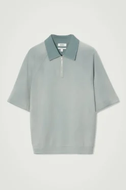 New COS KOSZULKA POLO Z ZAMKIEM I EFEKTEM SPRANIA Niebieski