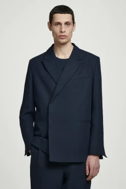 New COS RELAXED DOUBLEBREASTED LINEN BLAZER Granatowy