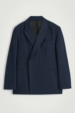 New COS RELAXED DOUBLEBREASTED LINEN BLAZER Granatowy