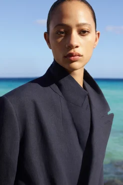 New COS RELAXED DOUBLEBREASTED LINEN BLAZER Granatowy