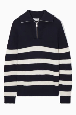 Fashion COS SWETER Z WEŁNY I BAWEŁNY Z KRÓTKIM SUWAKIEM Granatowy