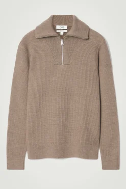 Hot COS SWETER Z WEŁNY I BAWEŁNY Z KRÓTKIM SUWAKIEM Beżowy