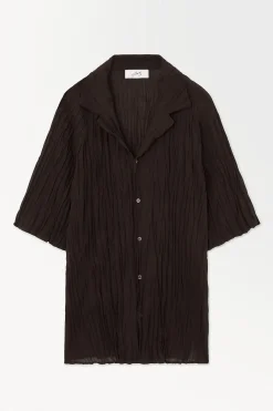 New COS THE CRINKLED WOOL RESORT SHIRT Darkbrown