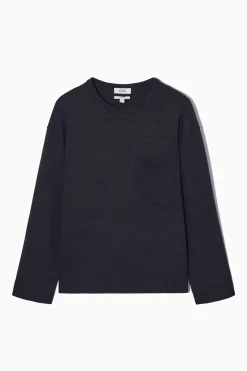Hot COS T-SHIRT Z DŁUGIM RĘKAWEM Z MIESZANKI Z WEŁNĄ Granatowymelanż