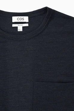 Hot COS T-SHIRT Z DŁUGIM RĘKAWEM Z MIESZANKI Z WEŁNĄ Granatowymelanż